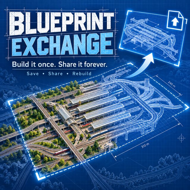 A busy multi-platform station and its tracks, half solid and half drawn as a glowing blueprint, with an arrow lifting the blueprint into a file icon