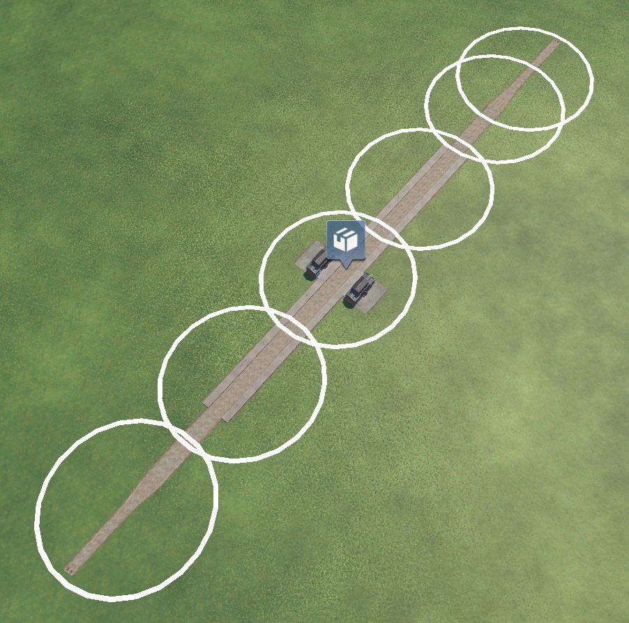 A long station and its track seen from above, covered by a chain of overlapping white capture circles