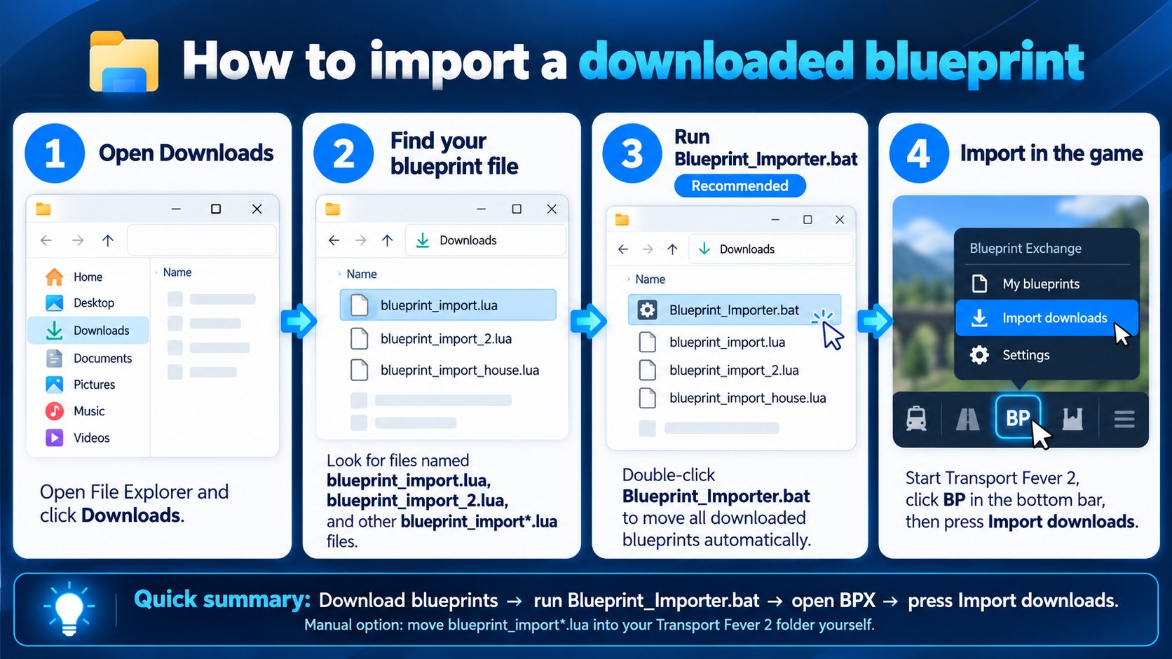 How to import a downloaded blueprint in four steps: open your Downloads folder, find your blueprint_import files, run Blueprint_Importer.bat (recommended), then start Transport Fever 2 and press Import downloads. Manual option: move the blueprint_import files into your Transport Fever 2 folder yourself.